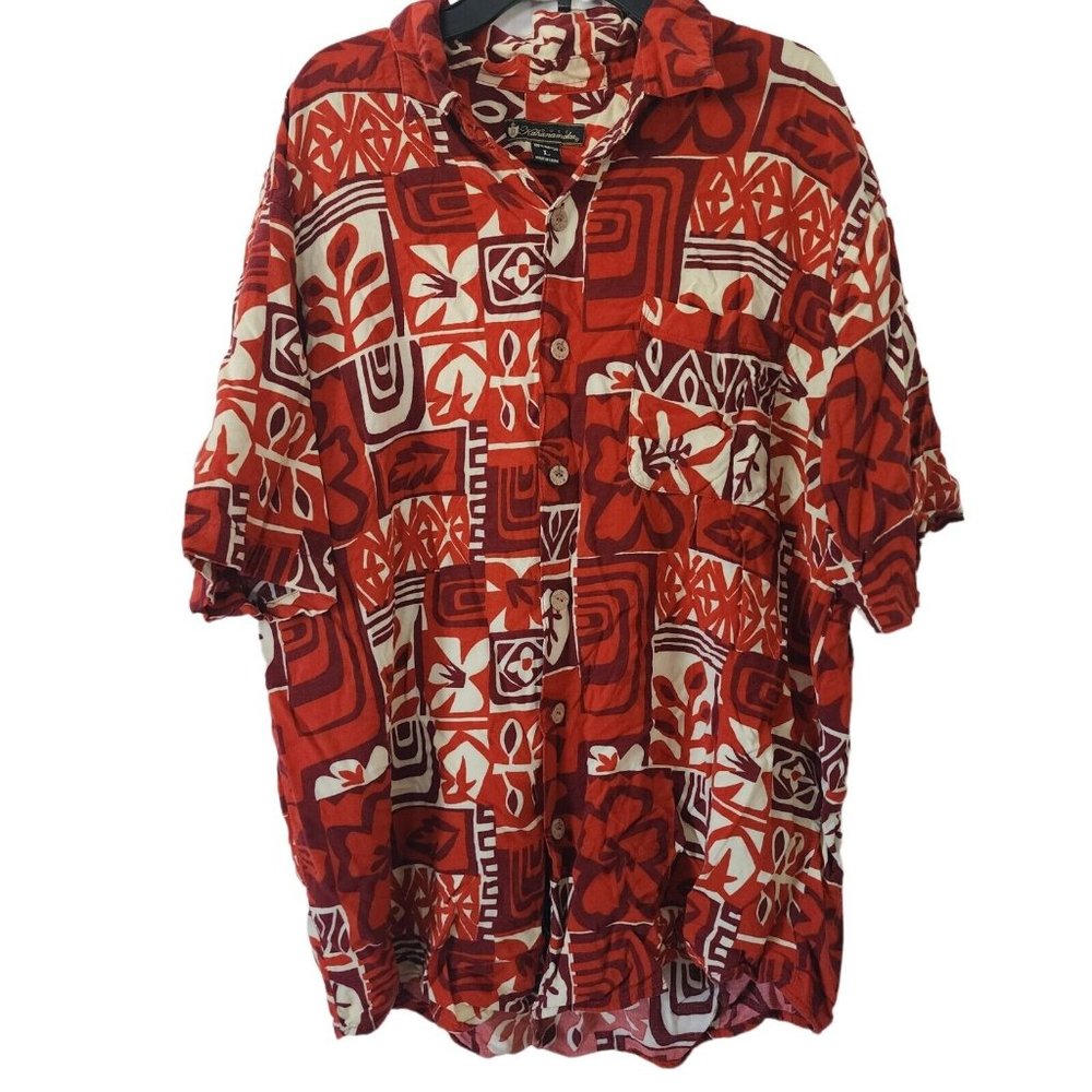 Duke Kahanamoku Shirt Mens Large Button Up Hawaiian Camp Red Rayon Floral
